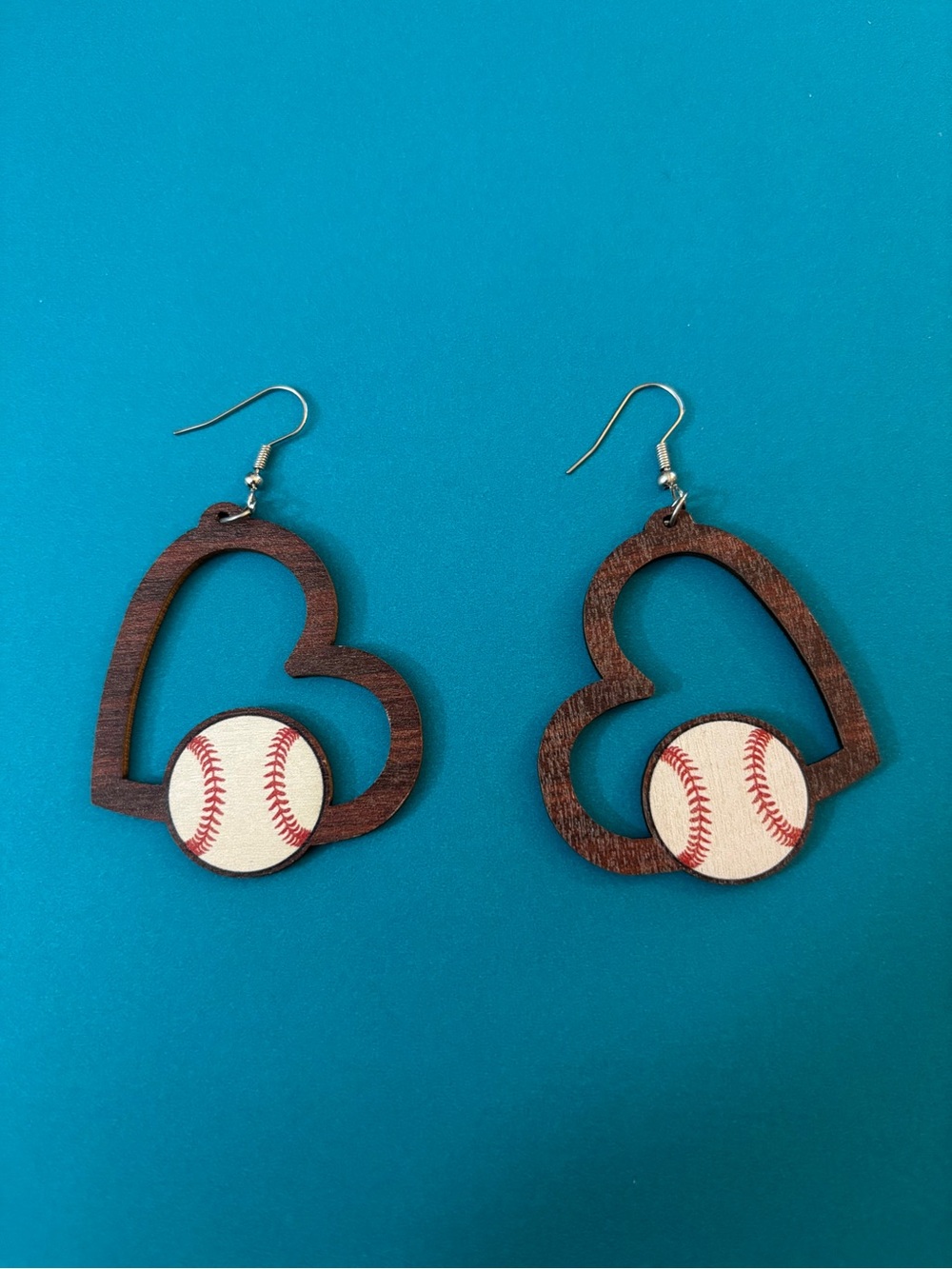 Wood Heart Baseball Earrings